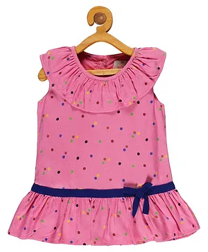 Young Birds Ruffle Neck Sleeveless Polka Dotted Top - Pink