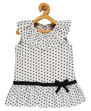 Young Birds Ruffle Neck Sleeveless All Over Polka Dotted Top - White