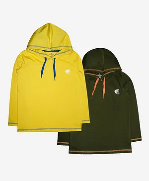 Kiddopanti Full Sleeves Solid Pack Of 2 Hooded Tee - Yellow Green