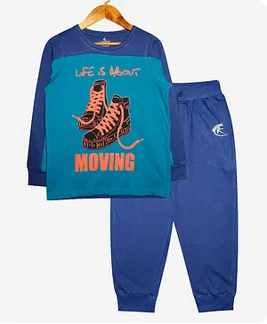 Kiddopanti Moving Shoes Print Full Sleeves Tee With Lounge Pants - Blue