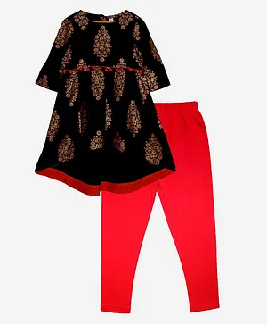 Kiddopanti Three Fourth Sleeves Floral Motif Ethnic Kurta With Leggings - Black & Red