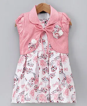 Enfance Sleeveless Rose Print Dress With Half Sleeves Floral Applique Jacket - Pink