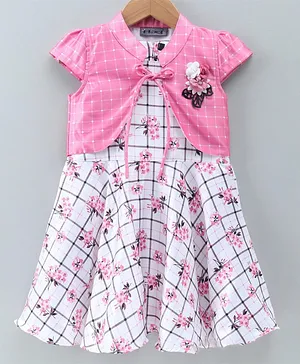 Enfance Short Sleeves Checkered Jacket With Dress - Light Pink