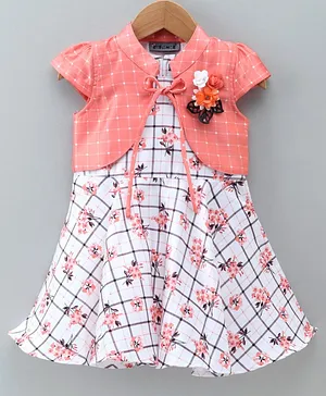Enfance Short Sleeves Checkered Jacket With Dress - Orange