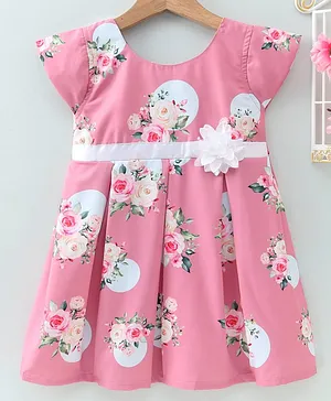 Twetoons Cap Sleeves Cotton Frock Floral Print with Corsage - Pink
