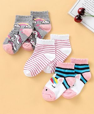 Cute Walk by Babyhug Anti Bacterial Ankle Length Socks Pack of 3 - White Grey