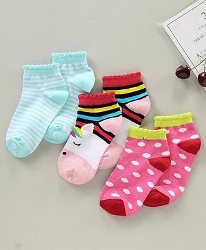Cute Walk by Babyhug Cotton Blend Ankle Length Anti Bacterial Socks Unicorn Design Pack of 3 - Pink Blue