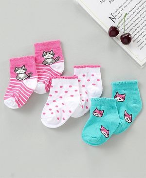 Cute Walk by Babyhug Cotton Blend Ankle Length Anti Bacterial Socks Kitty Design Pack of 3 - Pink Blue
