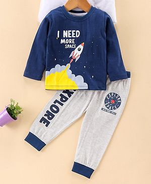 Babyhug Full Sleeves Night Suit Rocket Print - Navy Blue Light Grey