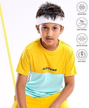 Pine Active Half Sleeves Quick Dry T-shirt with HD Text Print - Yellow Blue
