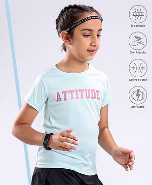 Pine Active Skin Friendly & Breathable Half Sleeves T-shirt with Foil Text Print - Aqua Blue