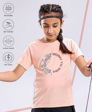 Pine Active Skin Friendly & Breathable Half Sleeves Text Print Top Text Print - Peach