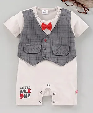 Mini Taurus Short Sleeves Party Wear Romper With Attached Wasitcoat & Bow Bear Embroidery - Grey White