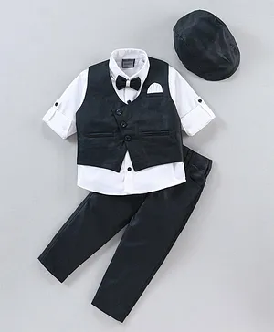 Rikidoos Full Sleeves Solid Colour Shirt With Waistcoat & Bow Tie Cap & Pants - Navy Blue & White