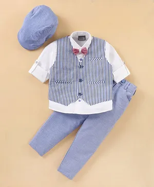 Rikidoos Full Sleeves Shirt With Striped Waistcoat & Bow Tie Cap & Pants - Blue & White