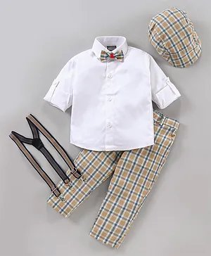 Rikidoos Roll Up Full Sleeves Shirt With Checkered Pants & Bow Tie Cap With Suspenders - White & Beige