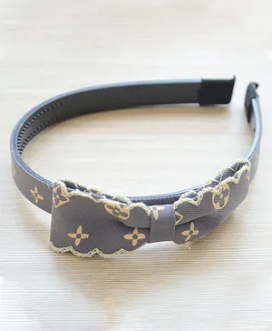 Pretty Ponytails Vintage Style Floral Print Designer Hair Bow Hair Band - Light Grey And White