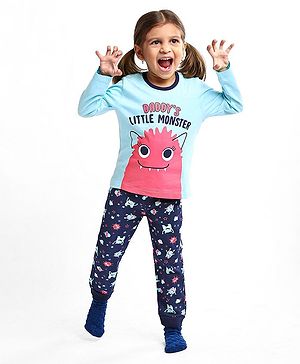 Babyhug Cotton Knit Full Sleeves Text Printed Night Suit - Blue