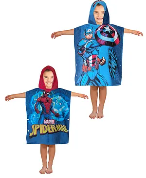 Marvel Spiderman and Captain America Hooded Bath Towel Pack of 2 - Blue