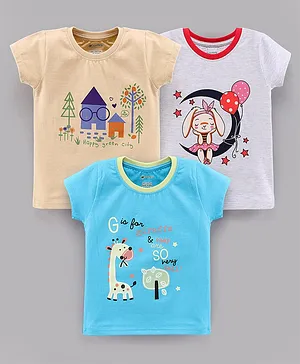 Ohms 100% Cotton Short Sleeves Tops Pack of 3 - Cream Light Grey & Blue