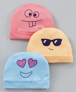 Simply Baby Caps Emoji Face Print Pack of 3 Pink Blue Yellow - Diameter 10.5 cm