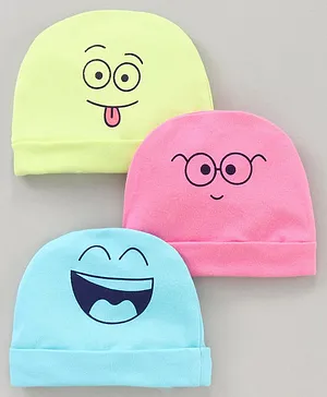 Simply Baby Caps Emoji Face Print Pack of 3 Pink Blue Green - Diameter 10.5 cm
