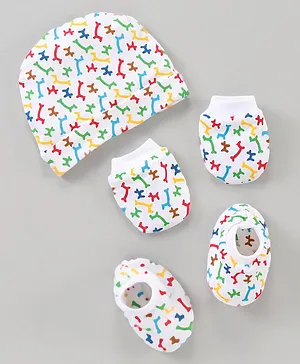 Simply Cotton Cap Mittens & Booties Set Multi Print - White