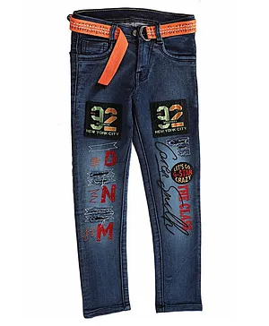 P-MARK Full Length Number Patch Jeans - Dark Blue
