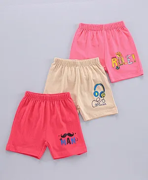 OHMS Above Knee Length Shorts Text Print Pack of 3 - Pink Beige Red