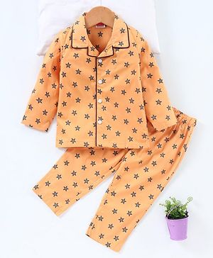 Babyhug Full Sleeves Cotton T-shirt and Pyjama Set Star Print - Mustard