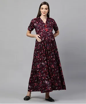 MomToBe Half Sleeves Floral Print Maternity Dress - Wine