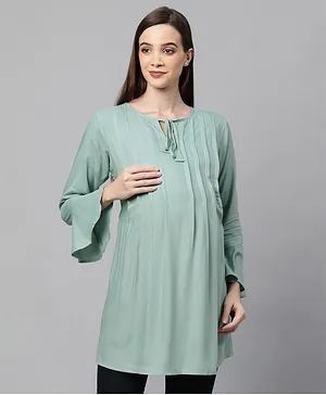 MomToBe Full Sleeves Solid Pleated Rayon Maternity Top - Green