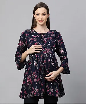 MomToBe Three Fourth Sleeves All Over Floral Print Maternity Top - Blue