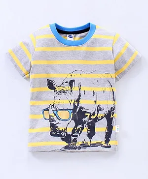 Teddy Half Sleeves Striped Tee with Rhino Print - Yellow