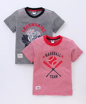 Teddy Half Sleeves Striped Tees with Text Print Pack of 2 - Red Black