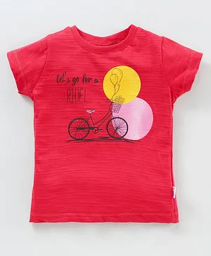 Teddy Half Sleeves Top Bicycle Print - Cherry Red