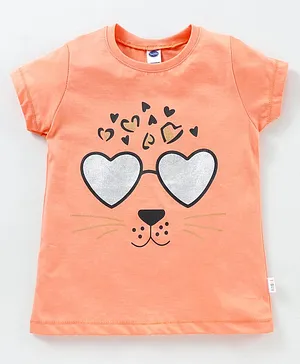 Teddy Half Sleeves Cotton Top with Abstract Print - Orange