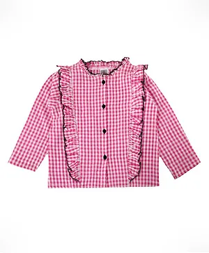 Aww Hunnie Full Sleeves Checked Ruffle Detailed Top - Pink