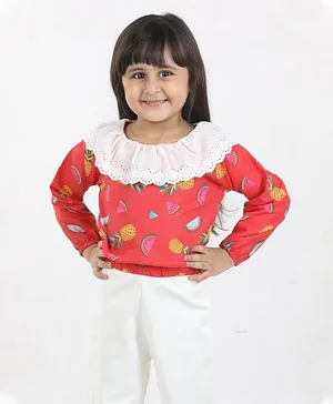 Aww Hunnie Full Sleeves Lace Neckline Fruit Print Top - Red