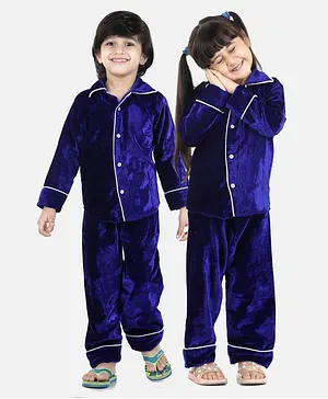 BownBee Full Sleeves Solid Color Velvet Night Suit - Blue
