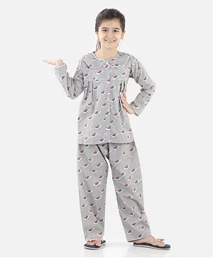 BownBee Full Sleeves Bird Print Night Suit  - Blue