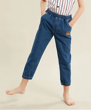 Kookie Kids Full Length Washed Jeans with Teddy Embroidery - Blue