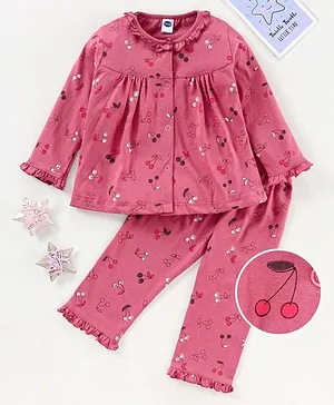 Teddy Full Sleeves Pyjama Set with Frill at Neck and Hem Cherry Print - Pink