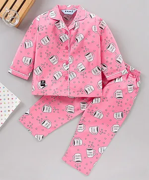 Enfance Full Sleeves Coffee Cups Print Night Suit - Pink