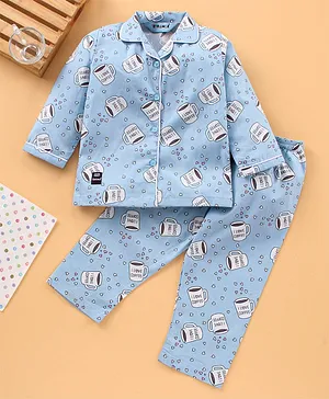 Enfance Full Sleeves Coffee Cups Print Night Suit - Blue