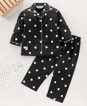 Enfance Full Sleeves Polka Dot Printed Night Suit - Black