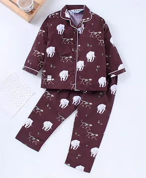 Enfance Full Sleeves All Over Elephant Printed Night Suit - Brown