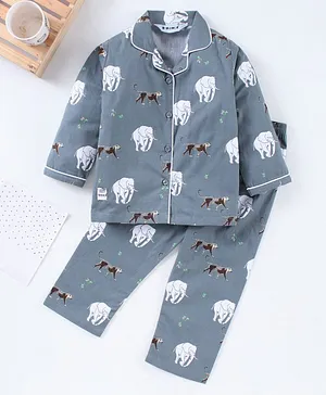 Enfance Full Sleeves All Over Elephant Printed Night Suit - Light Grey