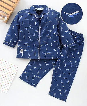 Enfance Full Sleeves Birds Printed Night Suit - Blue