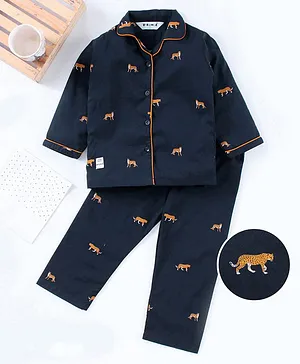 Enfance Full Sleeves Cheetah Printed Night Suit - Navy Blue